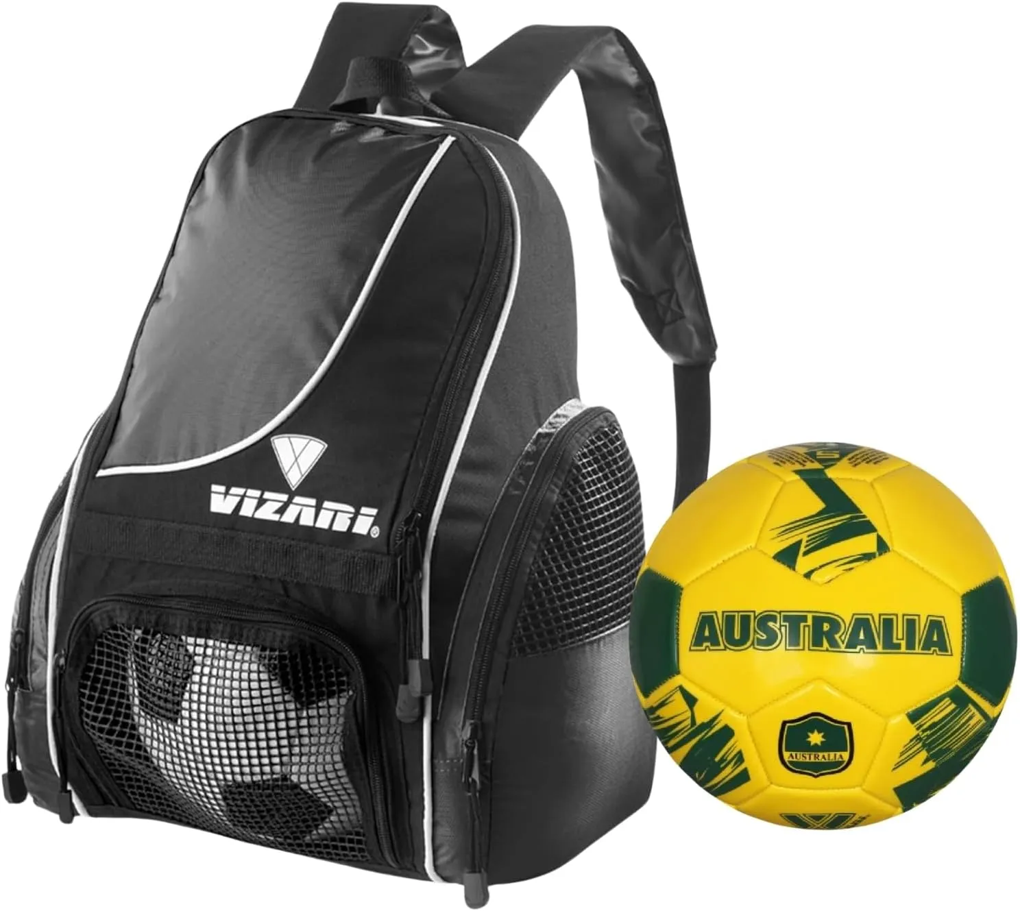 Vizari Solano Multi-Sport Backpack (Black) with National Team Soccer Ball Combo | Versatile Sports Backpack with Durable Faux Leather & Rubber Country Ball (Australia, Size 3)