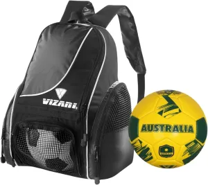 Vizari Solano Multi-Sport Backpack (Black) with National Team Soccer Ball Combo | Versatile Sports Backpack with Durable Faux Leather & Rubber Country Ball (Australia, Size 3)