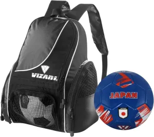 Vizari Solano Multi-Sport Backpack (Black) with National Team Soccer Ball Combo | Versatile Sports Backpack with Durable Faux Leather & Rubber Country Ball (Japan, Size 3)