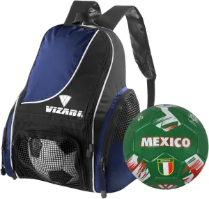 Vizari Solano Multi-Sport Backpack (Navy) with National Team Soccer Ball Combo | Versatile Sports Backpack with Durable Faux Leather & Rubber Country Ball (Mexico, Size 5)