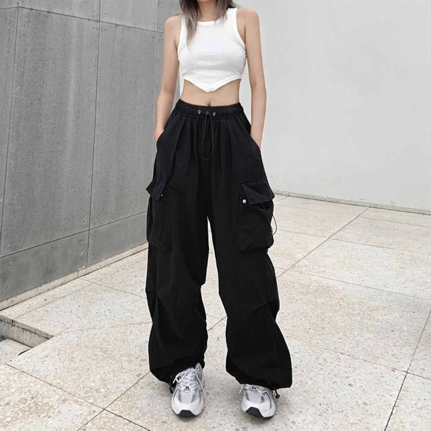 Wide Leg Cargo Pants for Women Baggy Elastic High Waist Casual Parachute Pants Summer Streetwear Y2K Trousers with Pockets