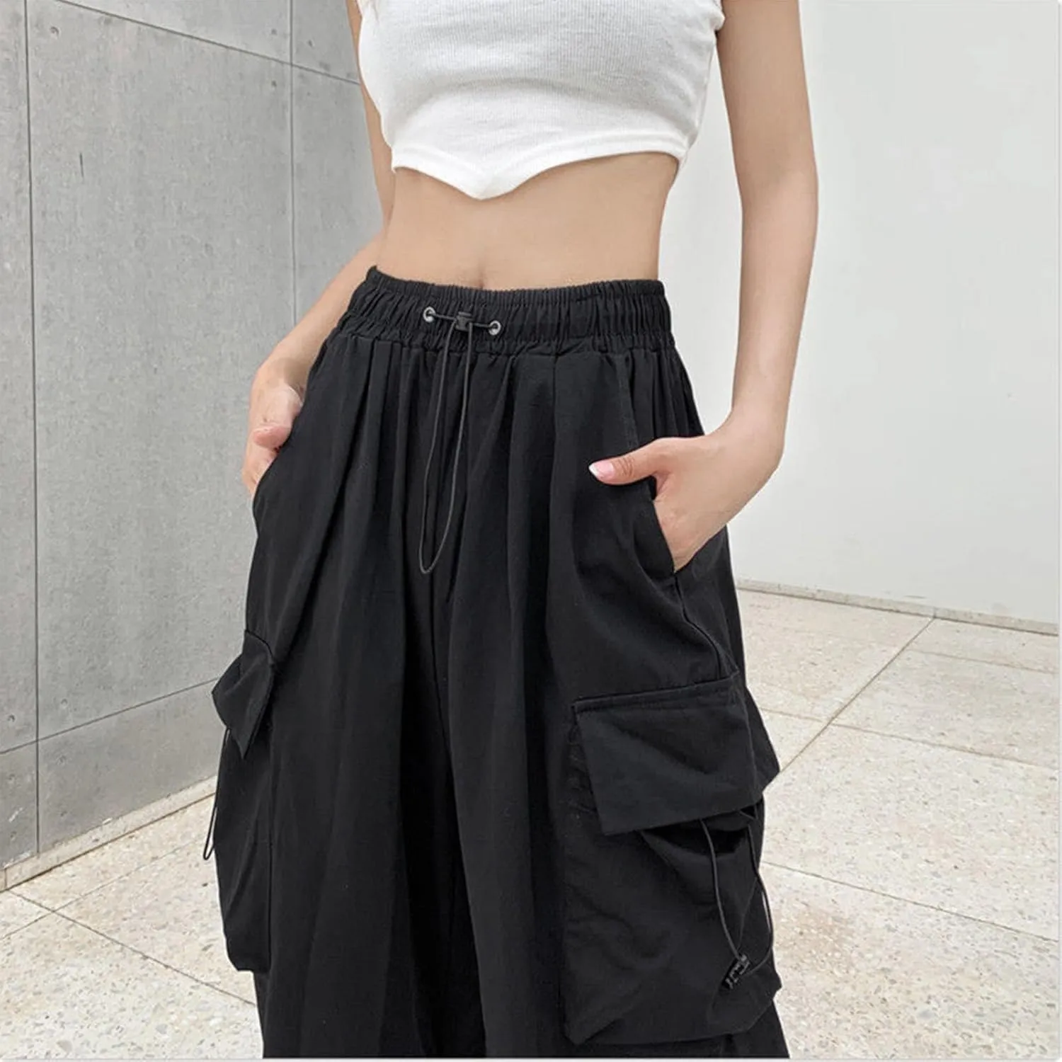 Wide Leg Cargo Pants for Women Baggy Elastic High Waist Casual Parachute Pants Summer Streetwear Y2K Trousers with Pockets
