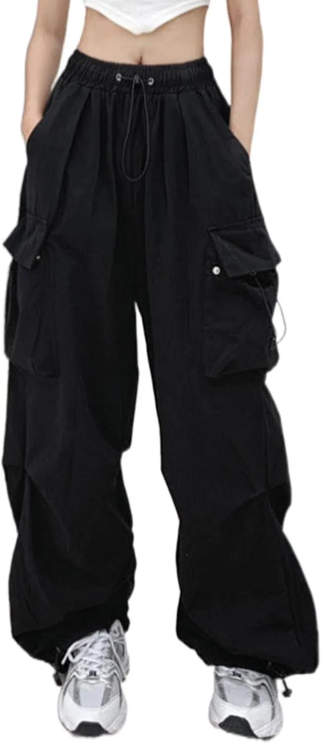 Wide Leg Cargo Pants for Women Baggy Elastic High Waist Casual Parachute Pants Summer Streetwear Y2K Trousers with Pockets