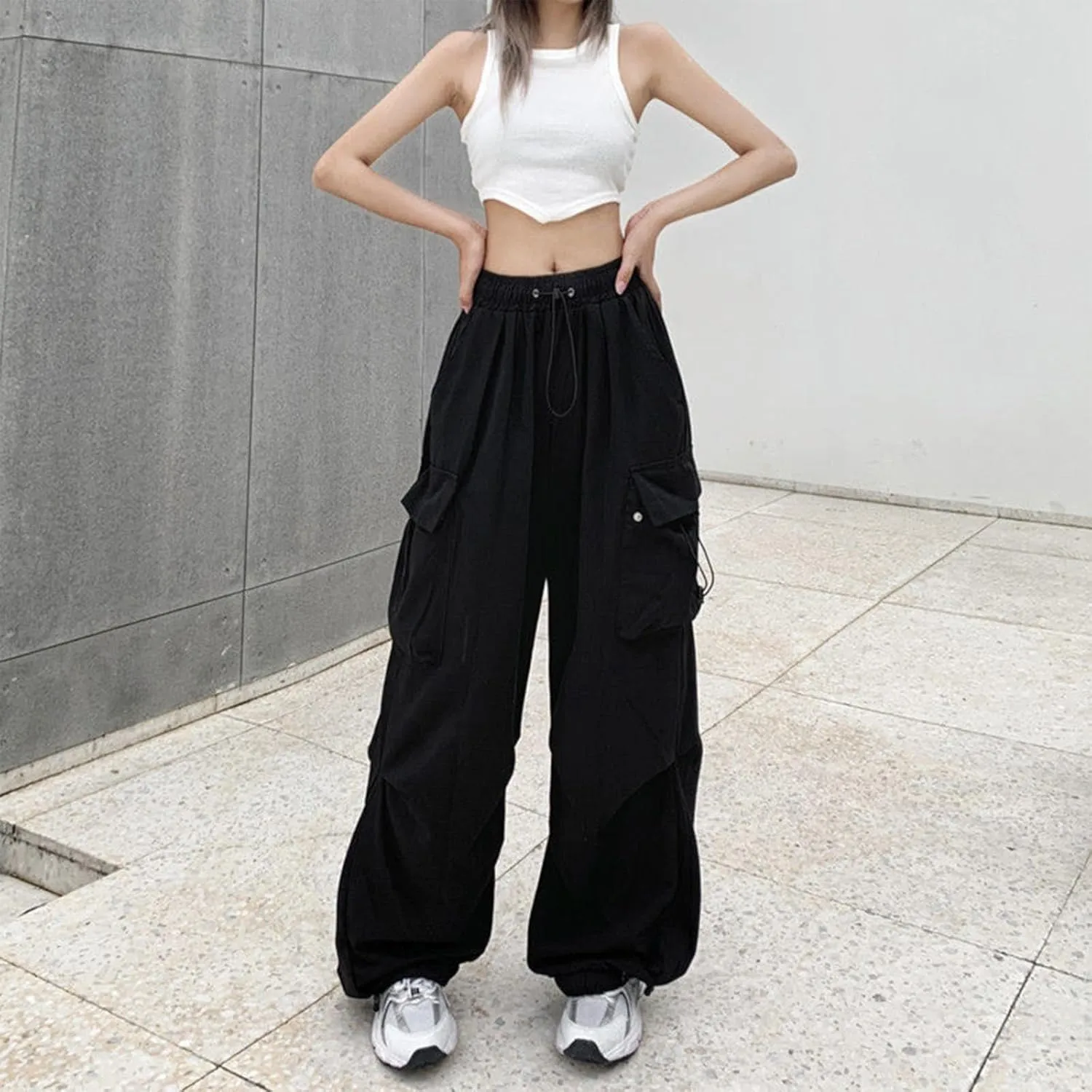 Wide Leg Cargo Pants for Women Baggy Elastic High Waist Casual Parachute Pants Summer Streetwear Y2K Trousers with Pockets