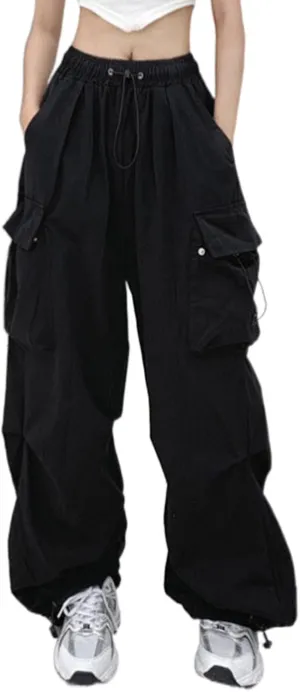 Wide Leg Cargo Pants for Women Baggy Elastic High Waist Casual Parachute Pants Summer Streetwear Y2K Trousers with Pockets