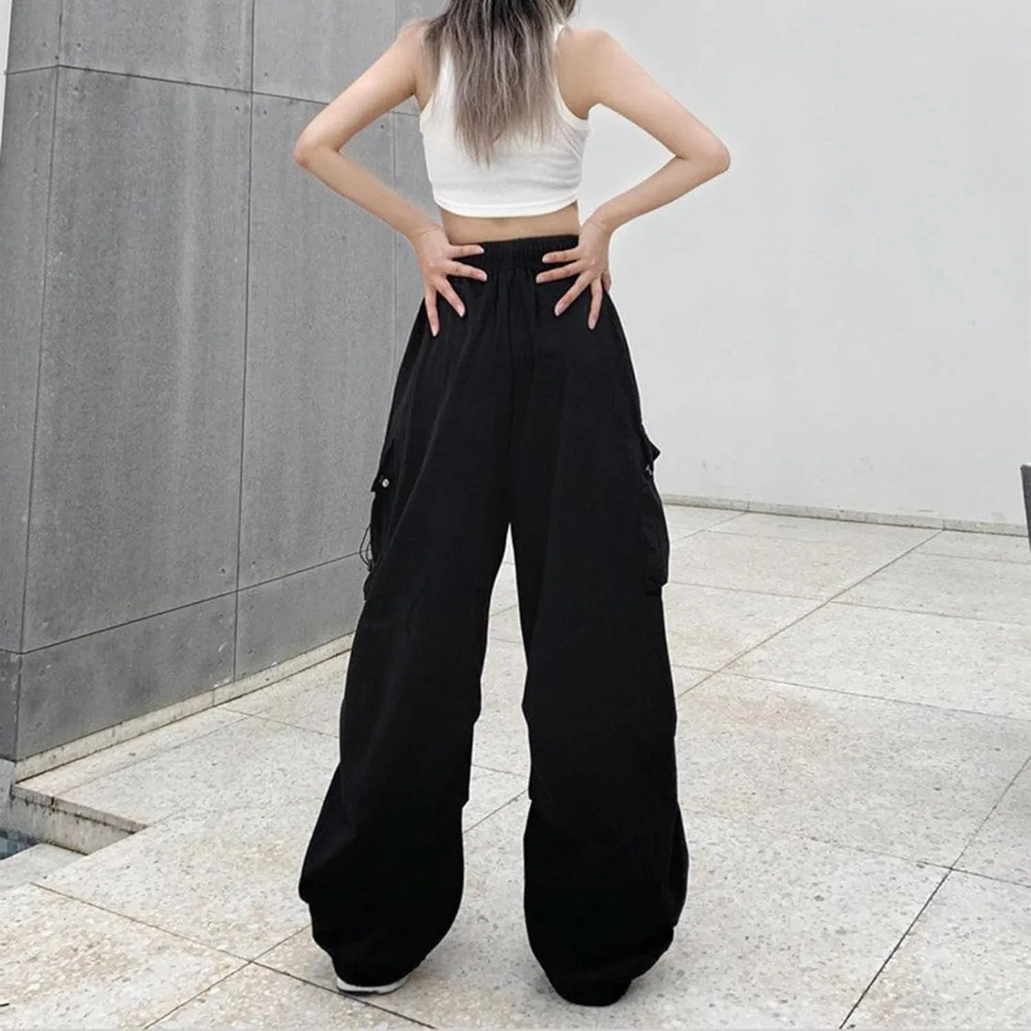 Wide Leg Cargo Pants for Women Baggy Elastic High Waist Casual Parachute Pants Summer Streetwear Y2K Trousers with Pockets