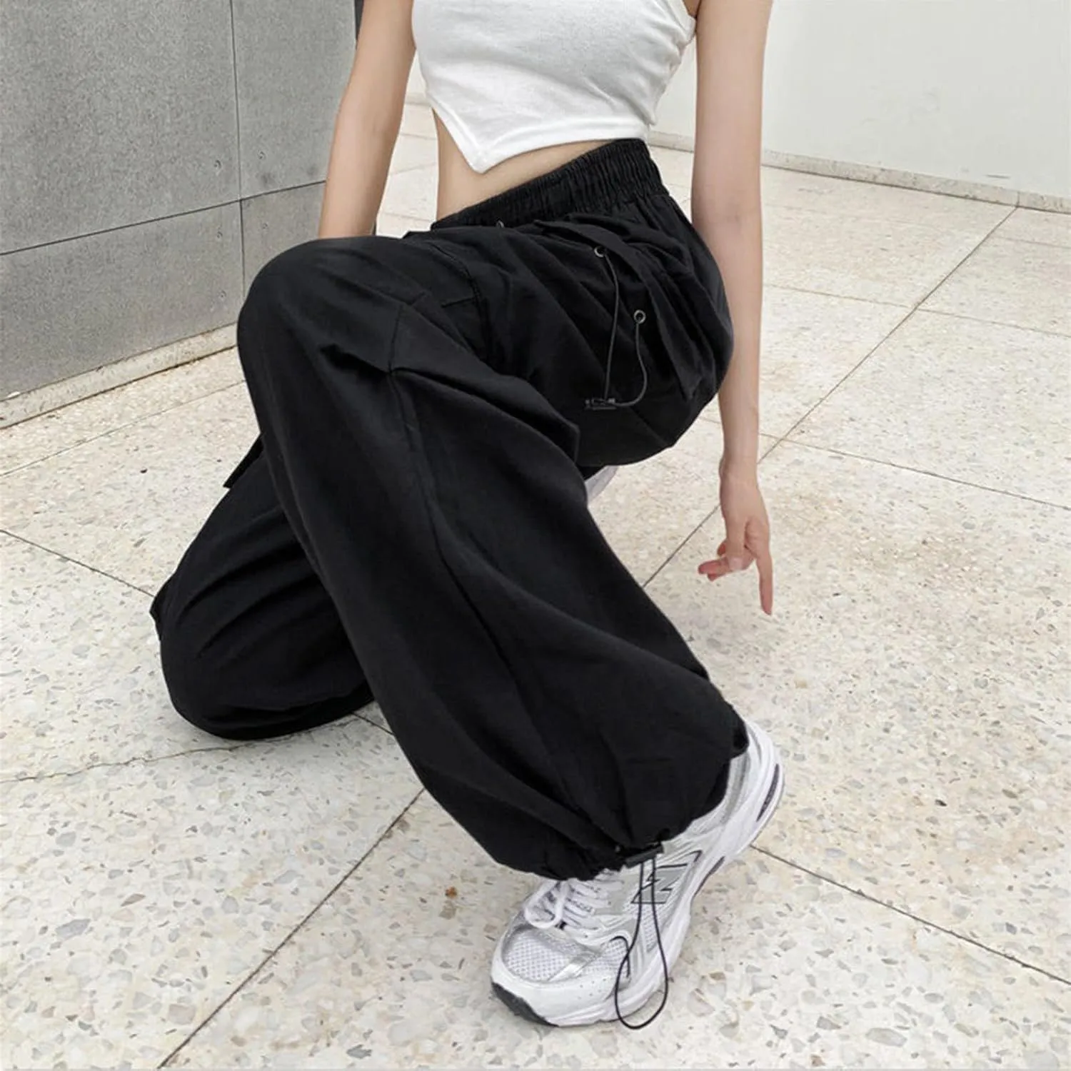 Wide Leg Cargo Pants for Women Baggy Elastic High Waist Casual Parachute Pants Summer Streetwear Y2K Trousers with Pockets