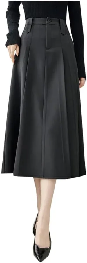Women Autumn Winter gray9 Midi Pleated Skirt Office Work Business Umbrella A Line Suit Skirt