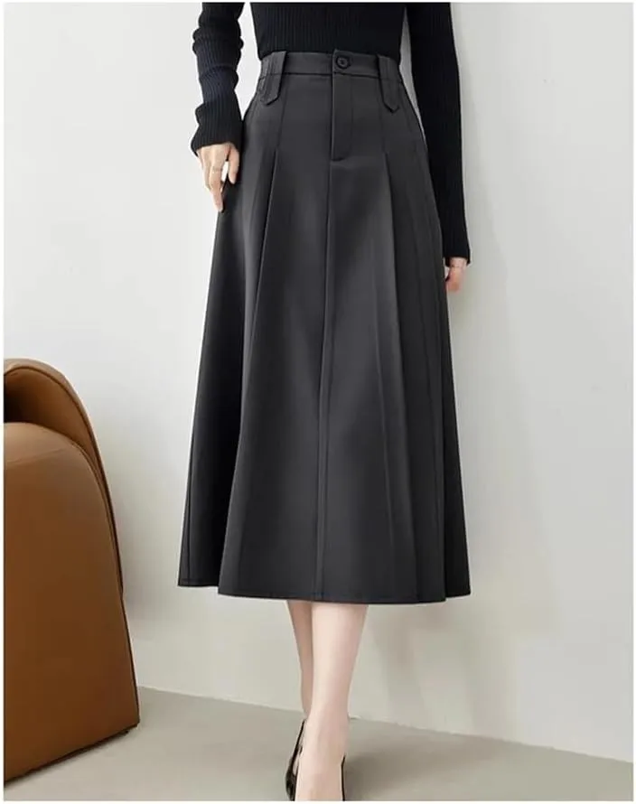 Women Autumn Winter gray9 Midi Pleated Skirt Office Work Business Umbrella A Line Suit Skirt
