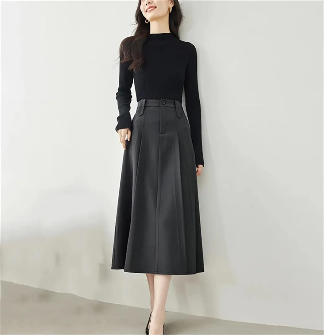 Women Autumn Winter gray9 Midi Pleated Skirt Office Work Business Umbrella A Line Suit Skirt