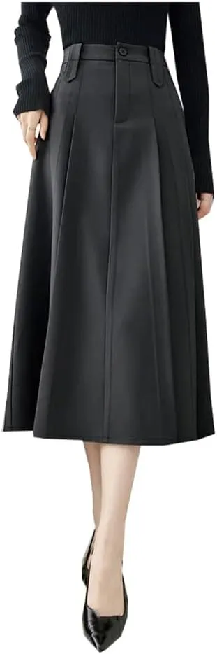 Women Autumn Winter gray9 Midi Pleated Skirt Office Work Business Umbrella A Line Suit Skirt