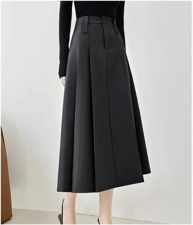 Women Autumn Winter gray9 Midi Pleated Skirt Office Work Business Umbrella A Line Suit Skirt