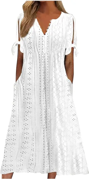 Women Boho Dresses V-Neck Short Sleeve Button Solid Sun Dress Hollow Eyelet Sundress 2025 Trendy Vacation Outfits