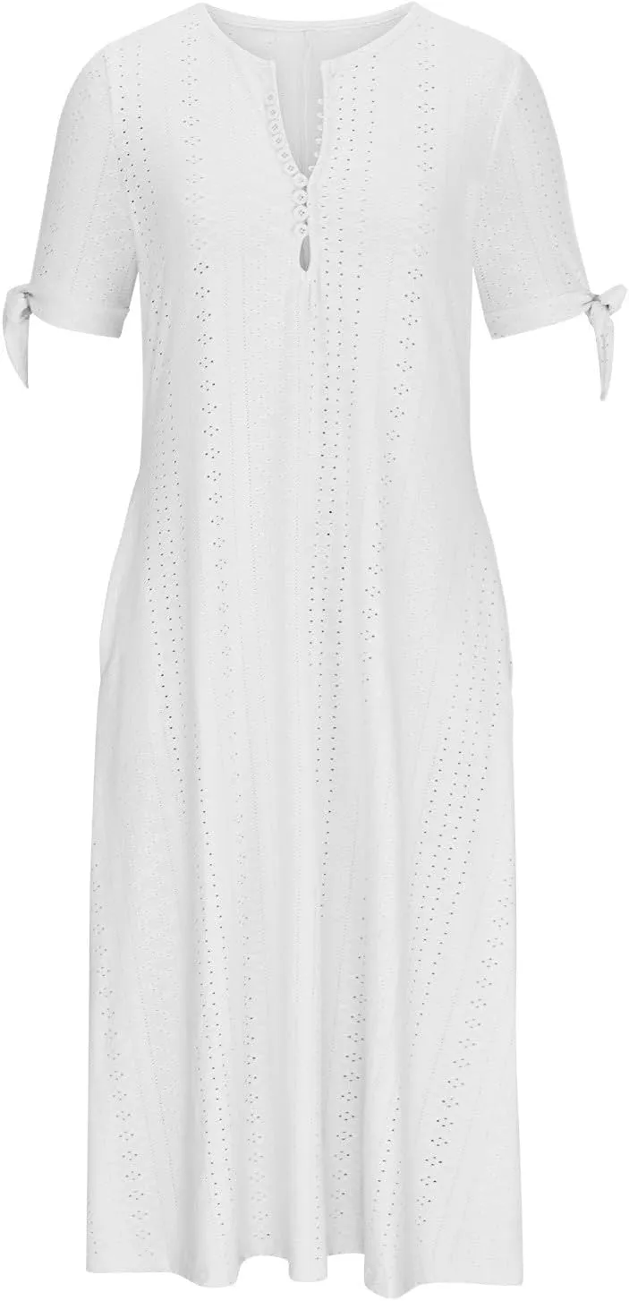 Women Boho Dresses V-Neck Short Sleeve Button Solid Sun Dress Hollow Eyelet Sundress 2025 Trendy Vacation Outfits