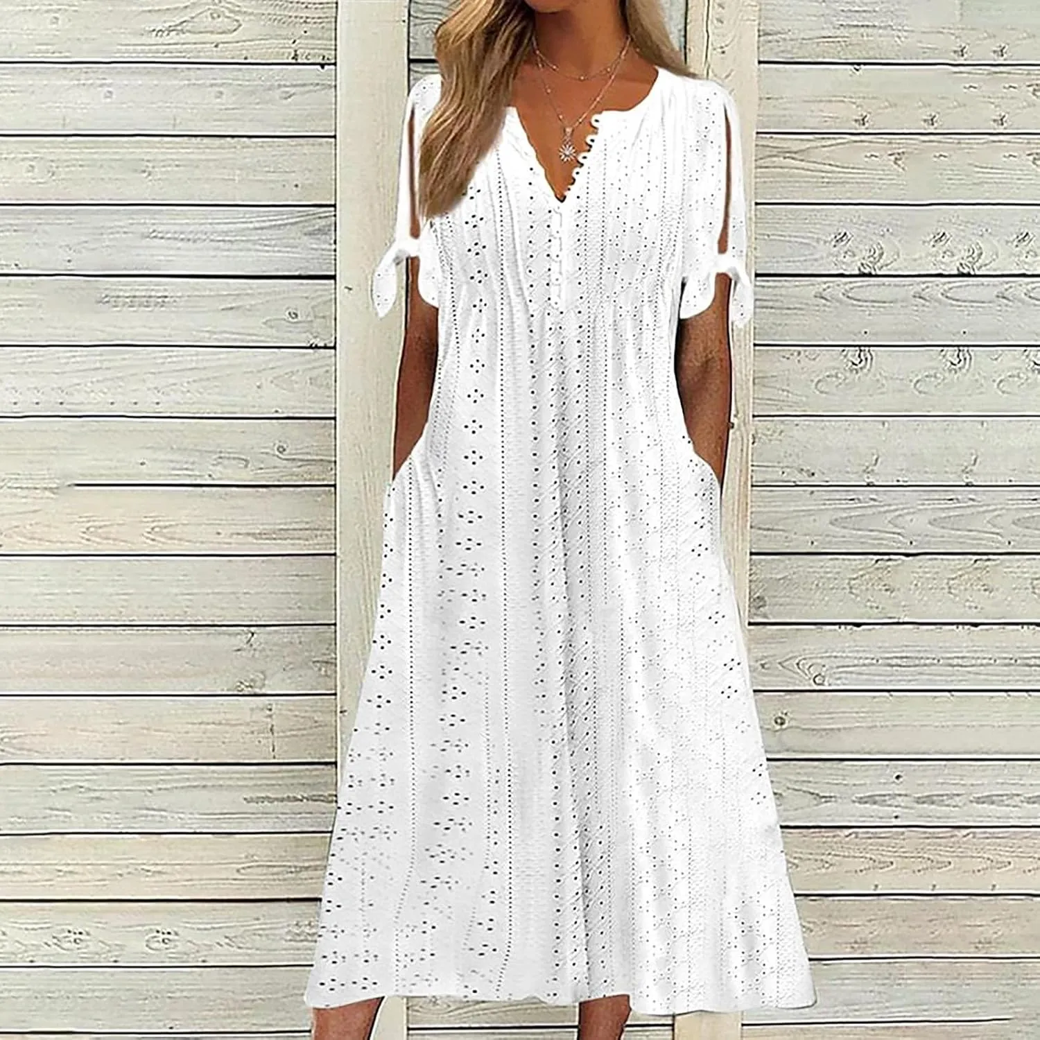Women Boho Dresses V-Neck Short Sleeve Button Solid Sun Dress Hollow Eyelet Sundress 2025 Trendy Vacation Outfits