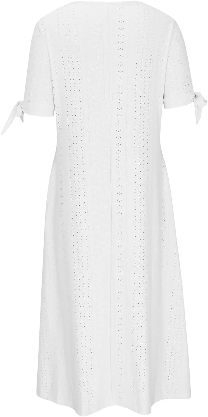 Women Boho Dresses V-Neck Short Sleeve Button Solid Sun Dress Hollow Eyelet Sundress 2025 Trendy Vacation Outfits