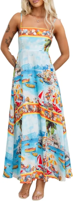 Women Boho Floral Spaghetti Strap Maxi Dress Sleeveless Graffiti Print Flowy Long Dress Y2k Summer Beach Sundress
