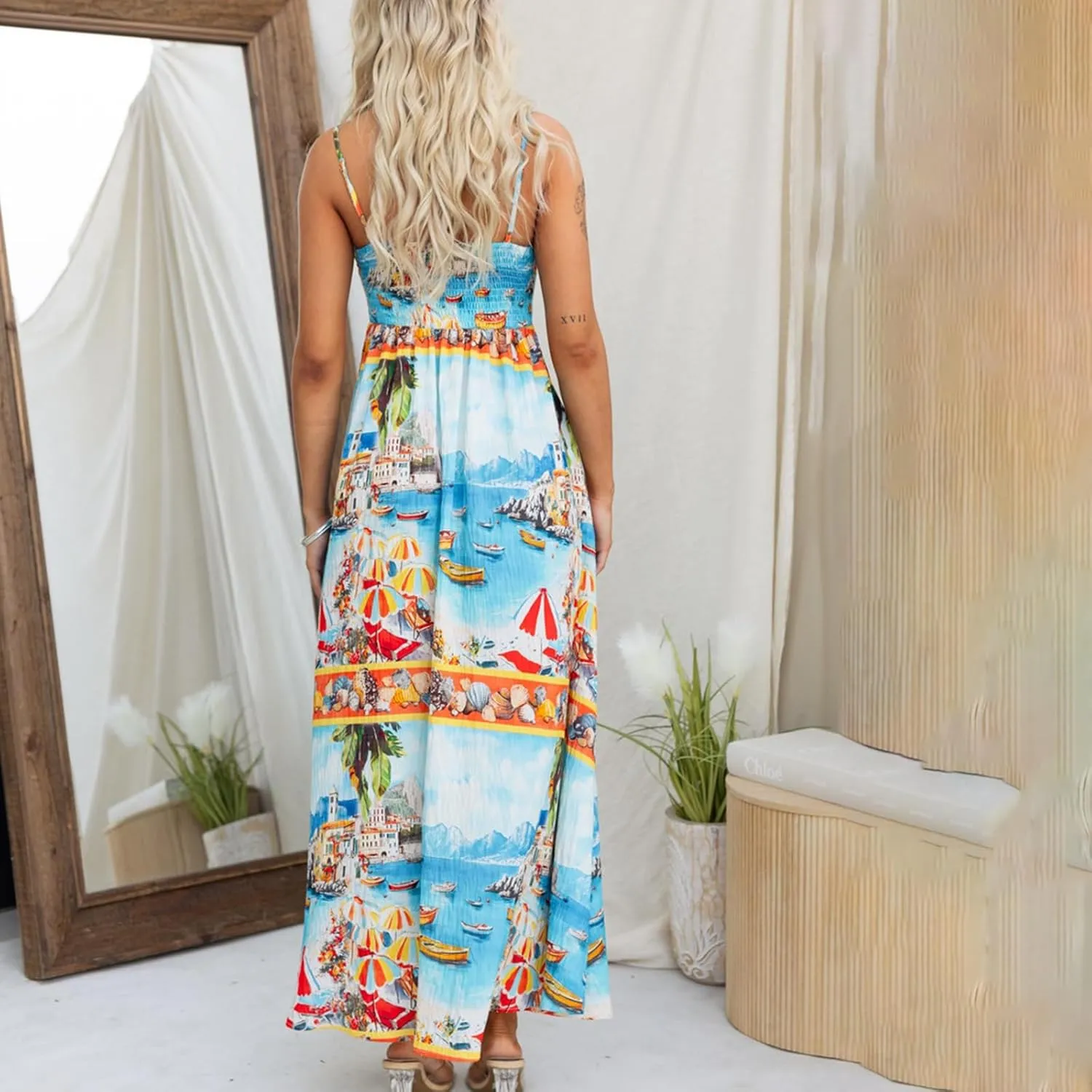 Women Boho Floral Spaghetti Strap Maxi Dress Sleeveless Graffiti Print Flowy Long Dress Y2k Summer Beach Sundress