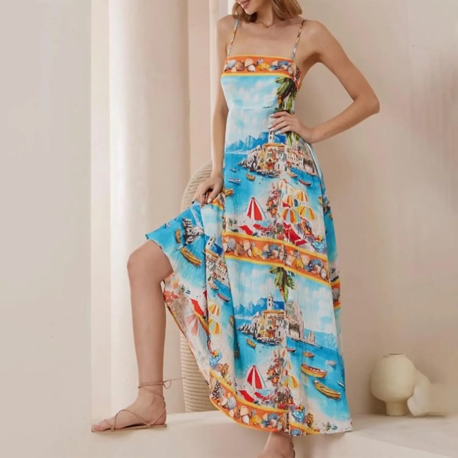 Women Boho Floral Spaghetti Strap Maxi Dress Sleeveless Graffiti Print Flowy Long Dress Y2k Summer Beach Sundress