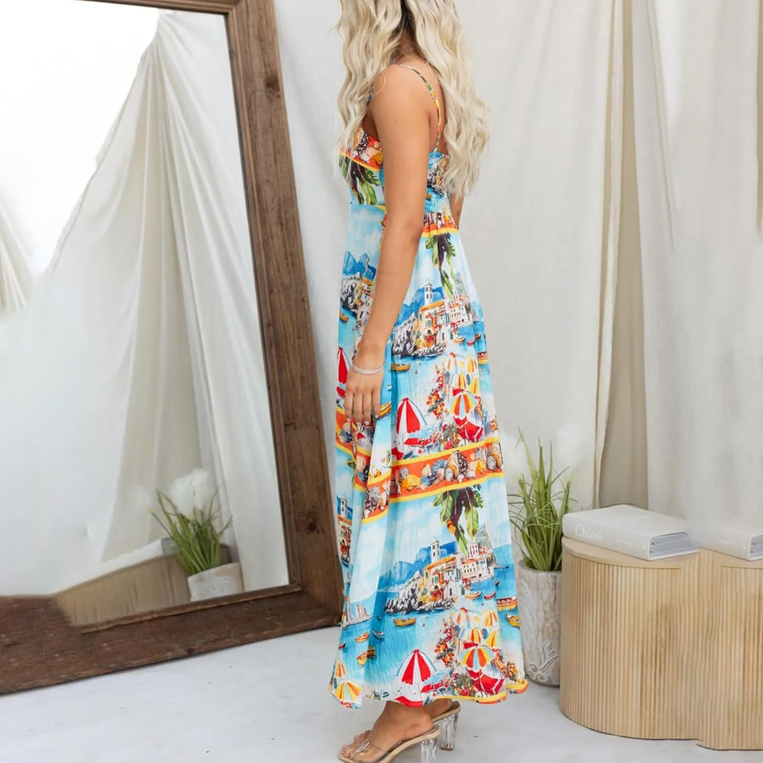 Women Boho Floral Spaghetti Strap Maxi Dress Sleeveless Graffiti Print Flowy Long Dress Y2k Summer Beach Sundress