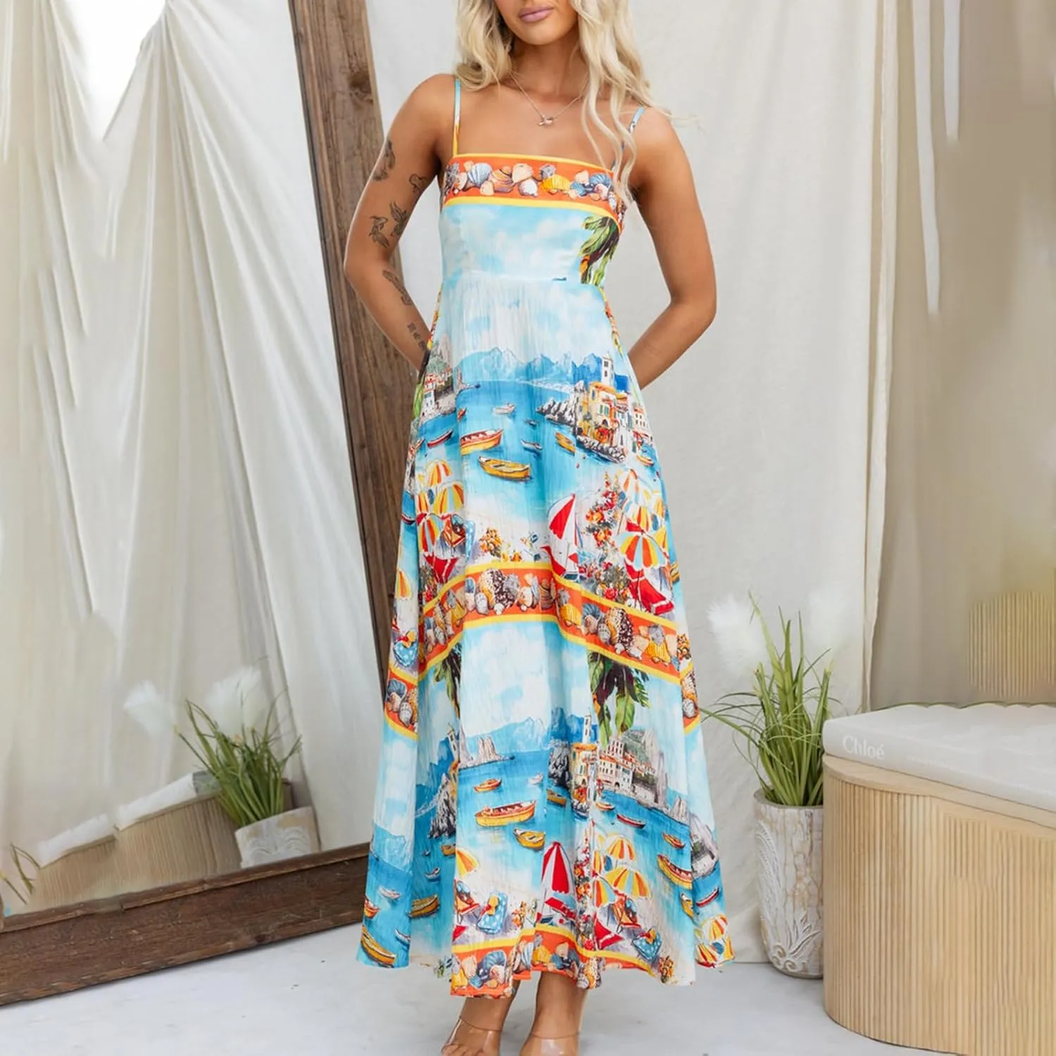 Women Boho Floral Spaghetti Strap Maxi Dress Sleeveless Graffiti Print Flowy Long Dress Y2k Summer Beach Sundress