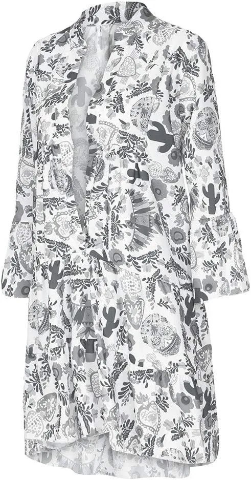 Women Casual Summer Sundress Midi Boho Floral Print Dresses Pretty Long Sleeve V Neck Smocked Ruffle Blouse Dress
