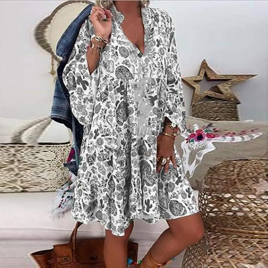 Women Casual Summer Sundress Midi Boho Floral Print Dresses Pretty Long Sleeve V Neck Smocked Ruffle Blouse Dress