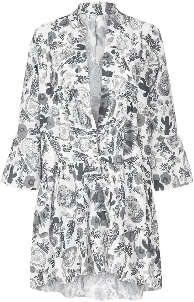 Women Casual Summer Sundress Midi Boho Floral Print Dresses Pretty Long Sleeve V Neck Smocked Ruffle Blouse Dress