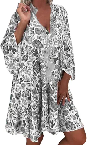 Women Casual Summer Sundress Midi Boho Floral Print Dresses Pretty Long Sleeve V Neck Smocked Ruffle Blouse Dress