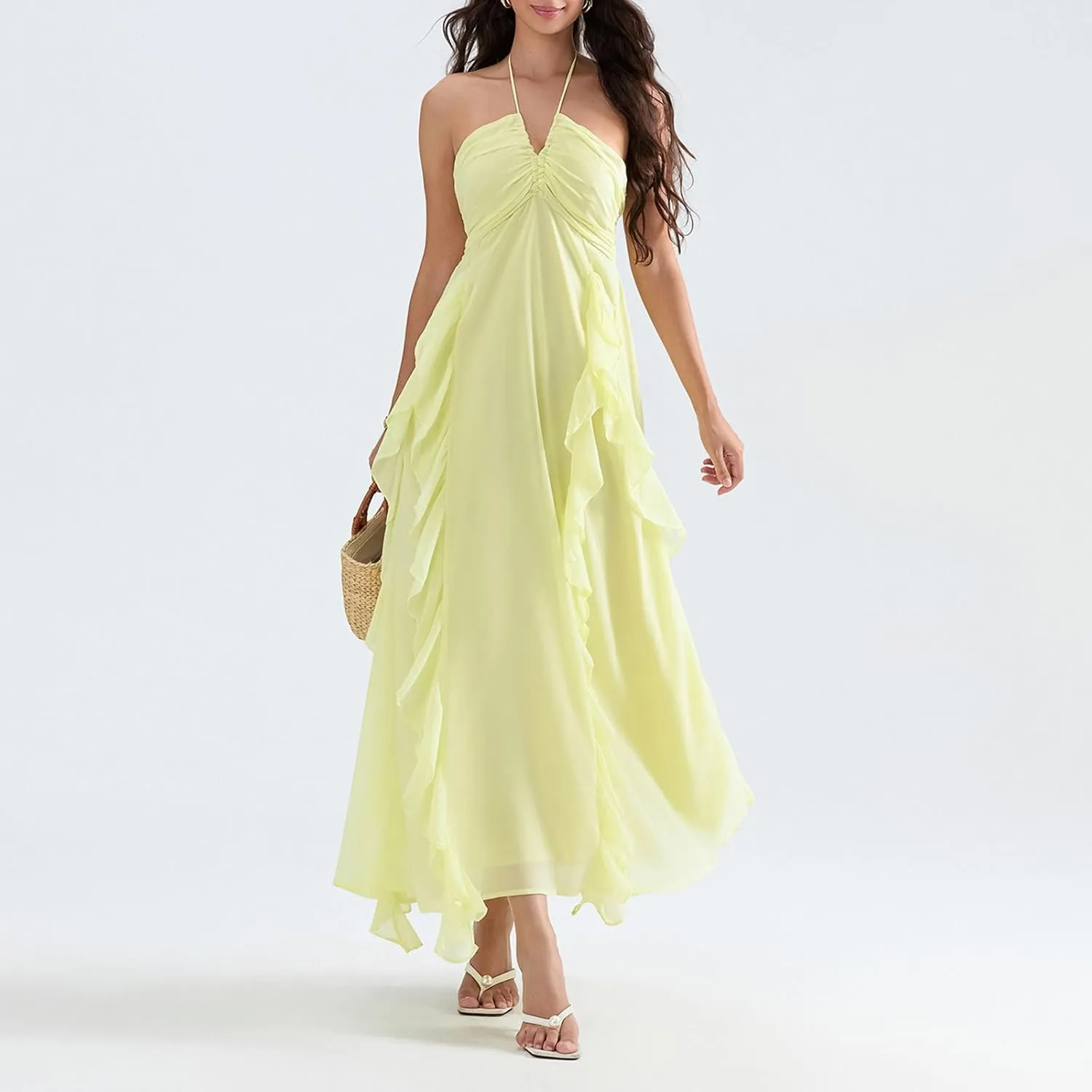 Women Halter Boho Maxi Dress Ruffle Floral Sleeveless Backless Vneck Spaghetti Strap Tie Back Flowy Long Sundress