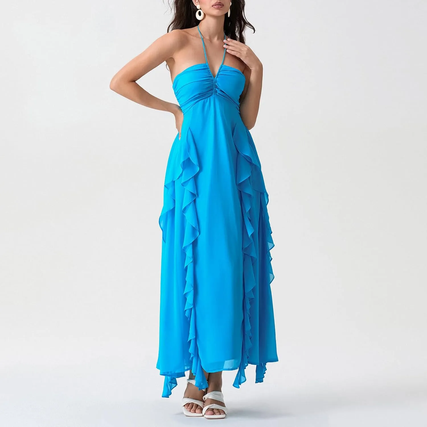 Women Halter Boho Maxi Dress Ruffle Floral Sleeveless Backless Vneck Spaghetti Strap Tie Back Flowy Long Sundress