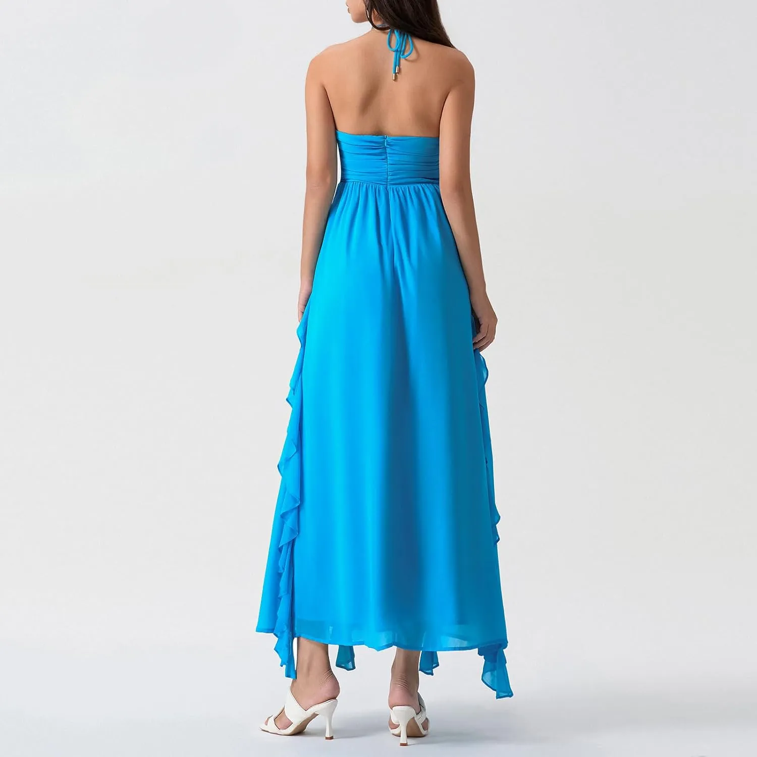 Women Halter Boho Maxi Dress Ruffle Floral Sleeveless Backless Vneck Spaghetti Strap Tie Back Flowy Long Sundress