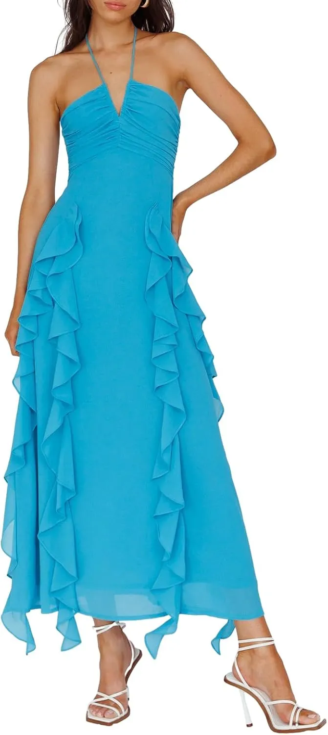 Women Halter Boho Maxi Dress Ruffle Floral Sleeveless Backless Vneck Spaghetti Strap Tie Back Flowy Long Sundress