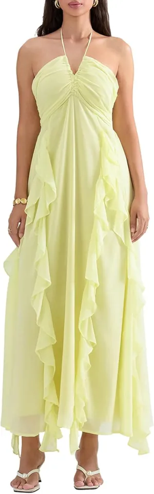 Women Halter Boho Maxi Dress Ruffle Floral Sleeveless Backless Vneck Spaghetti Strap Tie Back Flowy Long Sundress