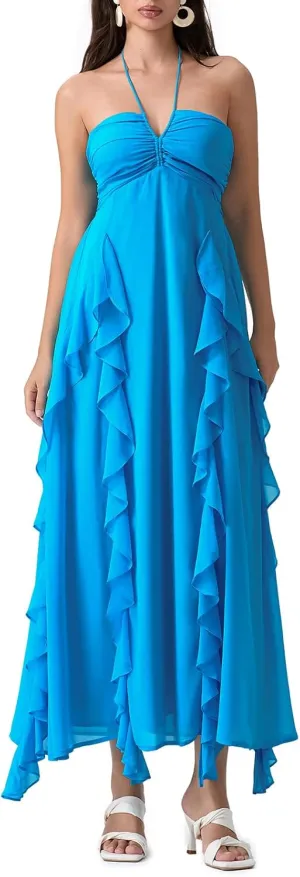 Women Halter Boho Maxi Dress Ruffle Floral Sleeveless Backless Vneck Spaghetti Strap Tie Back Flowy Long Sundress