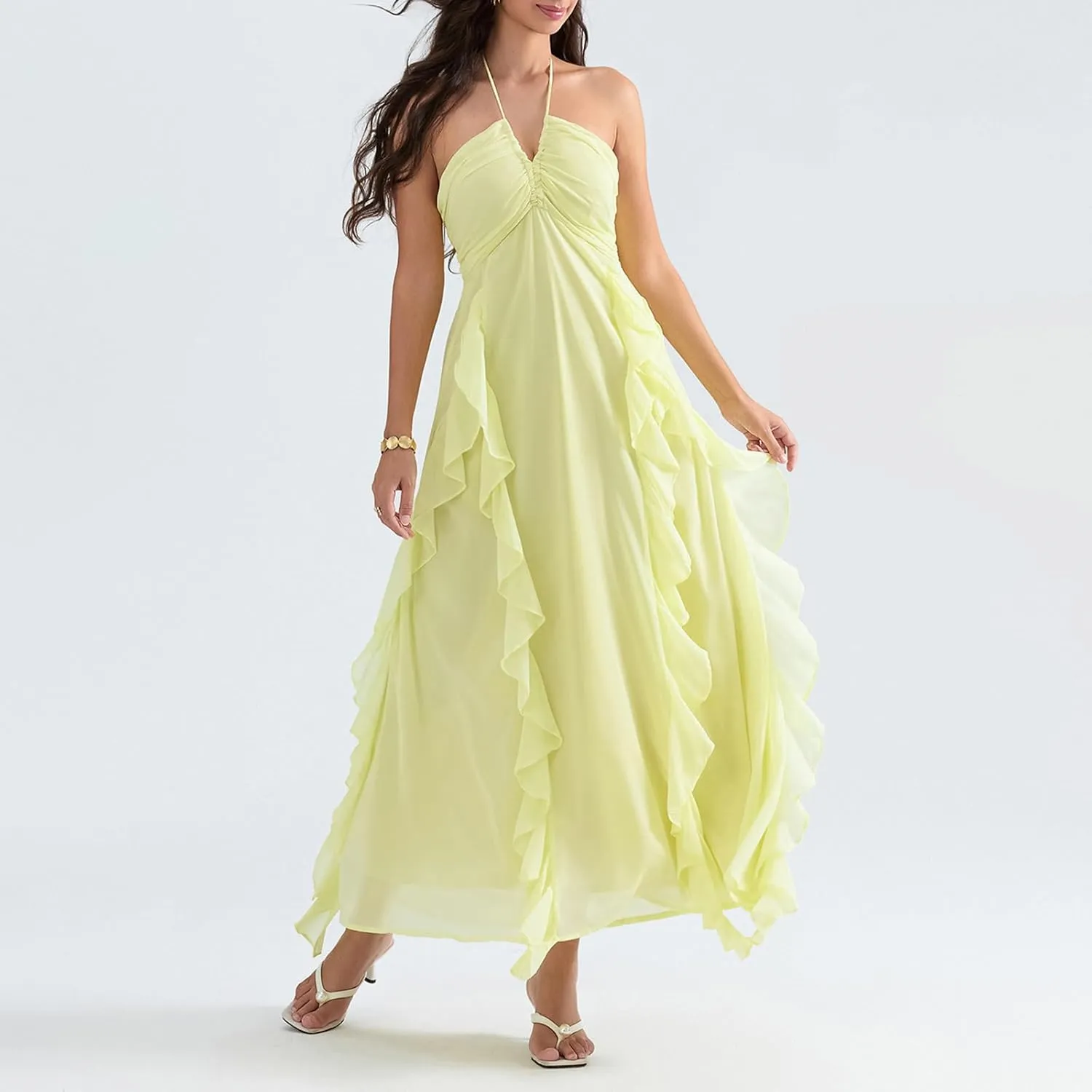 Women Halter Boho Maxi Dress Ruffle Floral Sleeveless Backless Vneck Spaghetti Strap Tie Back Flowy Long Sundress