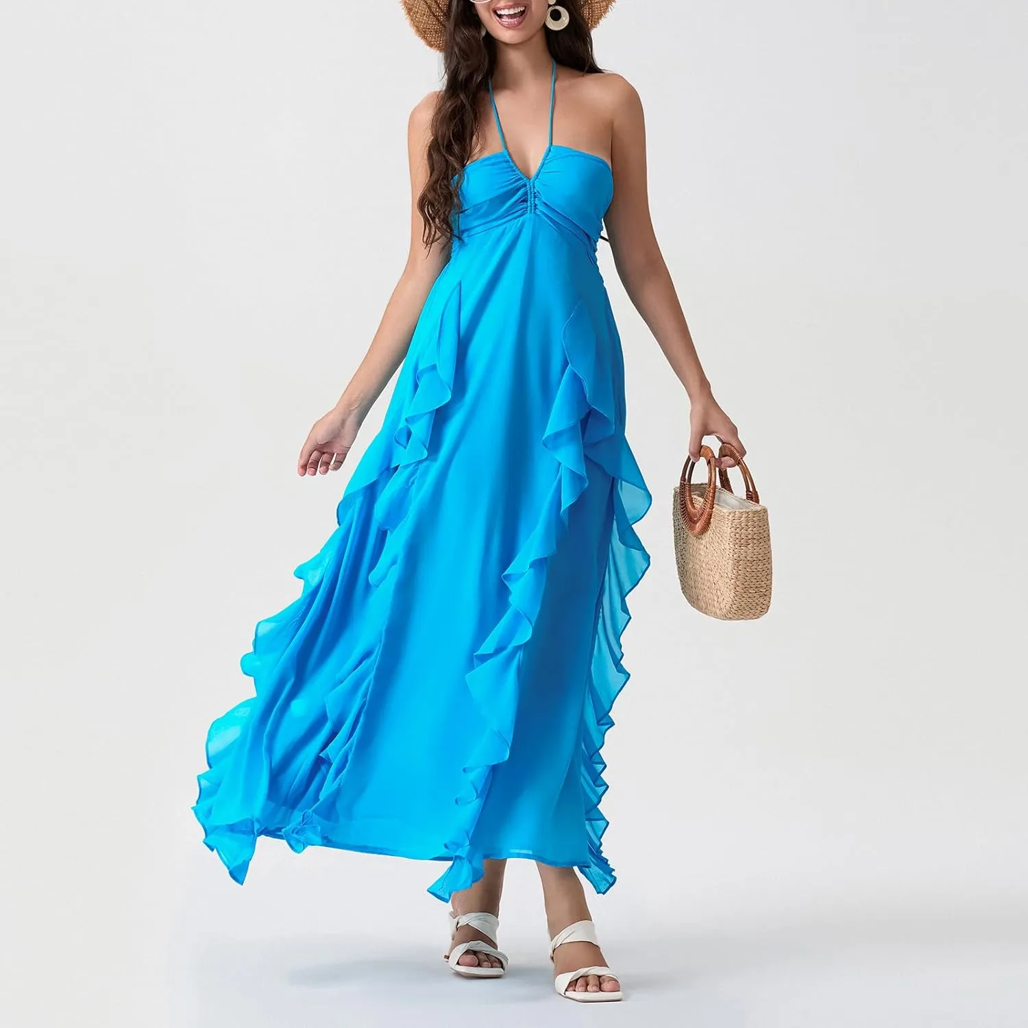 Women Halter Boho Maxi Dress Ruffle Floral Sleeveless Backless Vneck Spaghetti Strap Tie Back Flowy Long Sundress