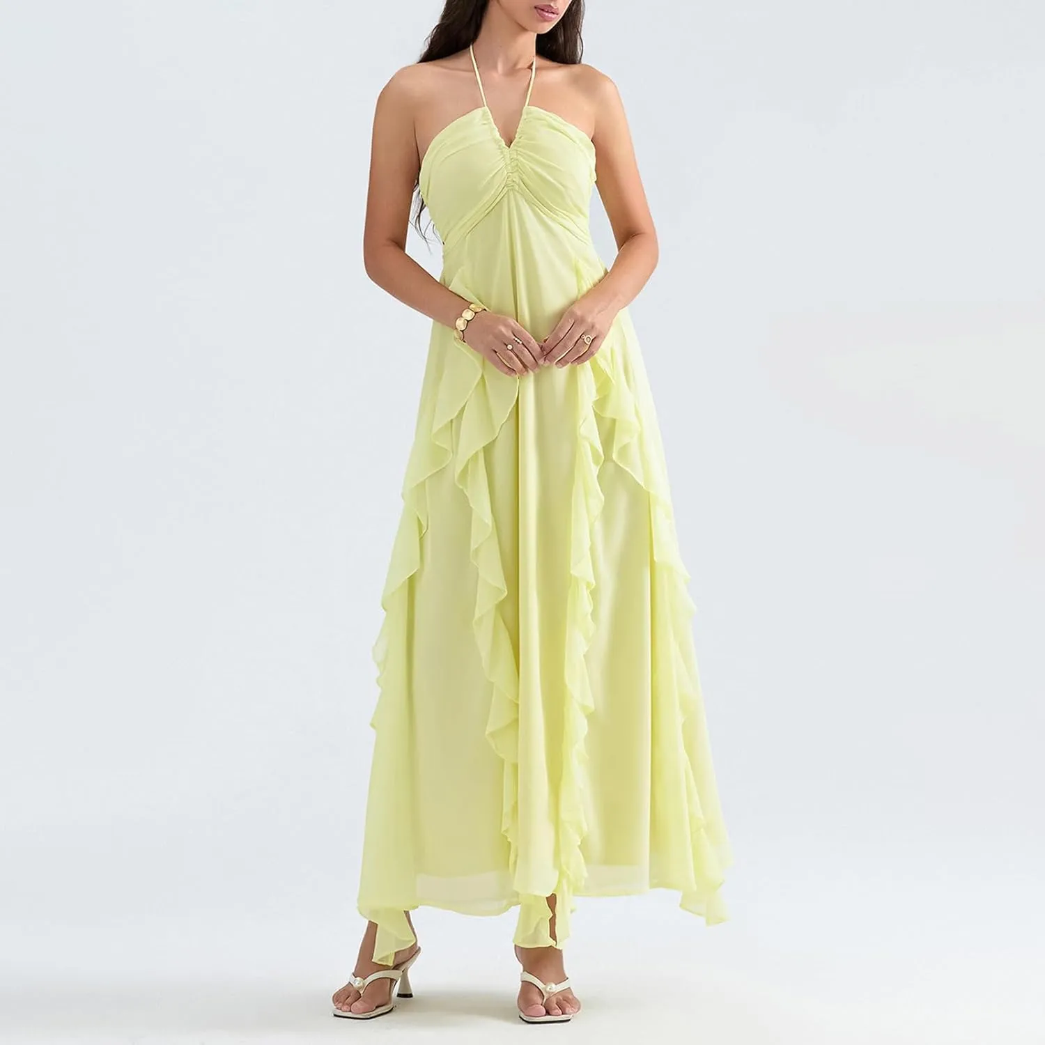 Women Halter Boho Maxi Dress Ruffle Floral Sleeveless Backless Vneck Spaghetti Strap Tie Back Flowy Long Sundress