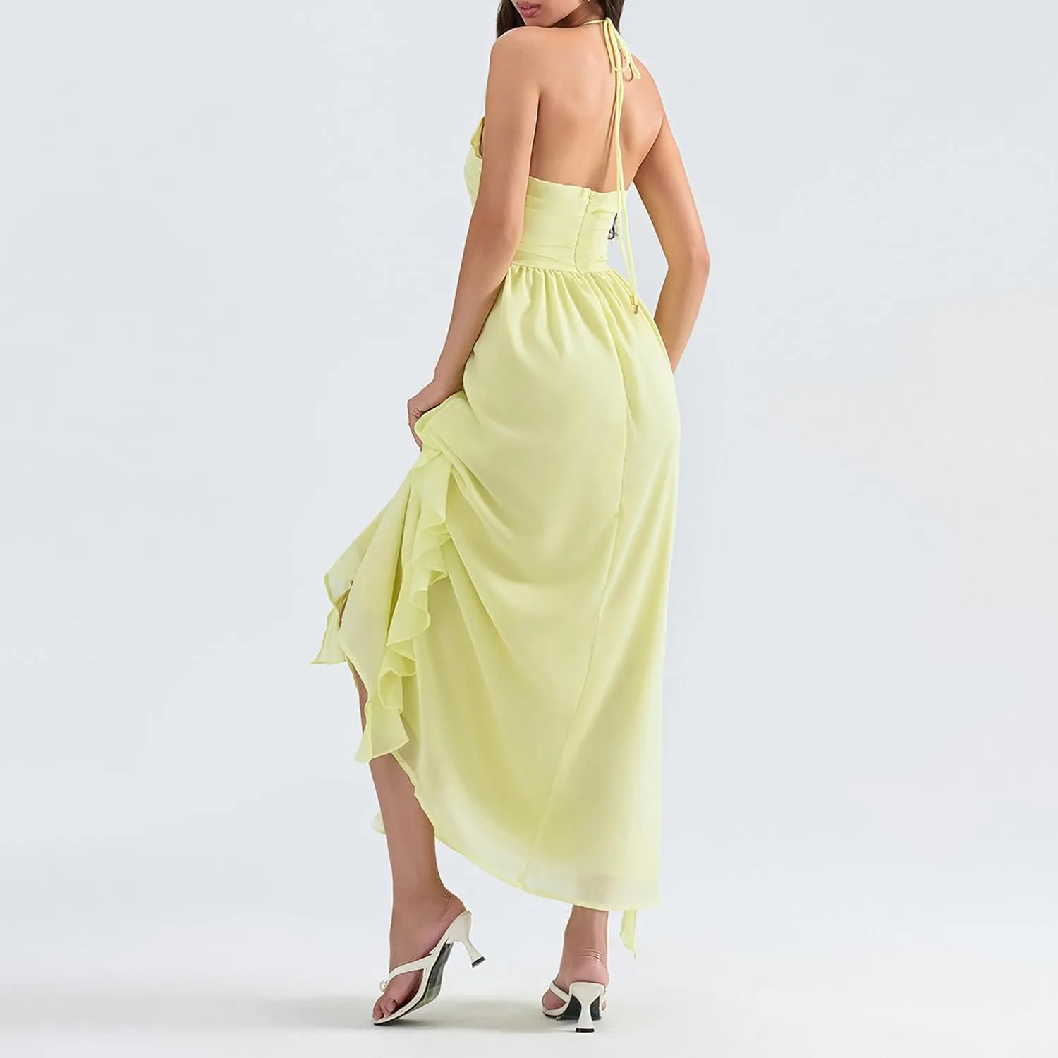 Women Halter Boho Maxi Dress Ruffle Floral Sleeveless Backless Vneck Spaghetti Strap Tie Back Flowy Long Sundress