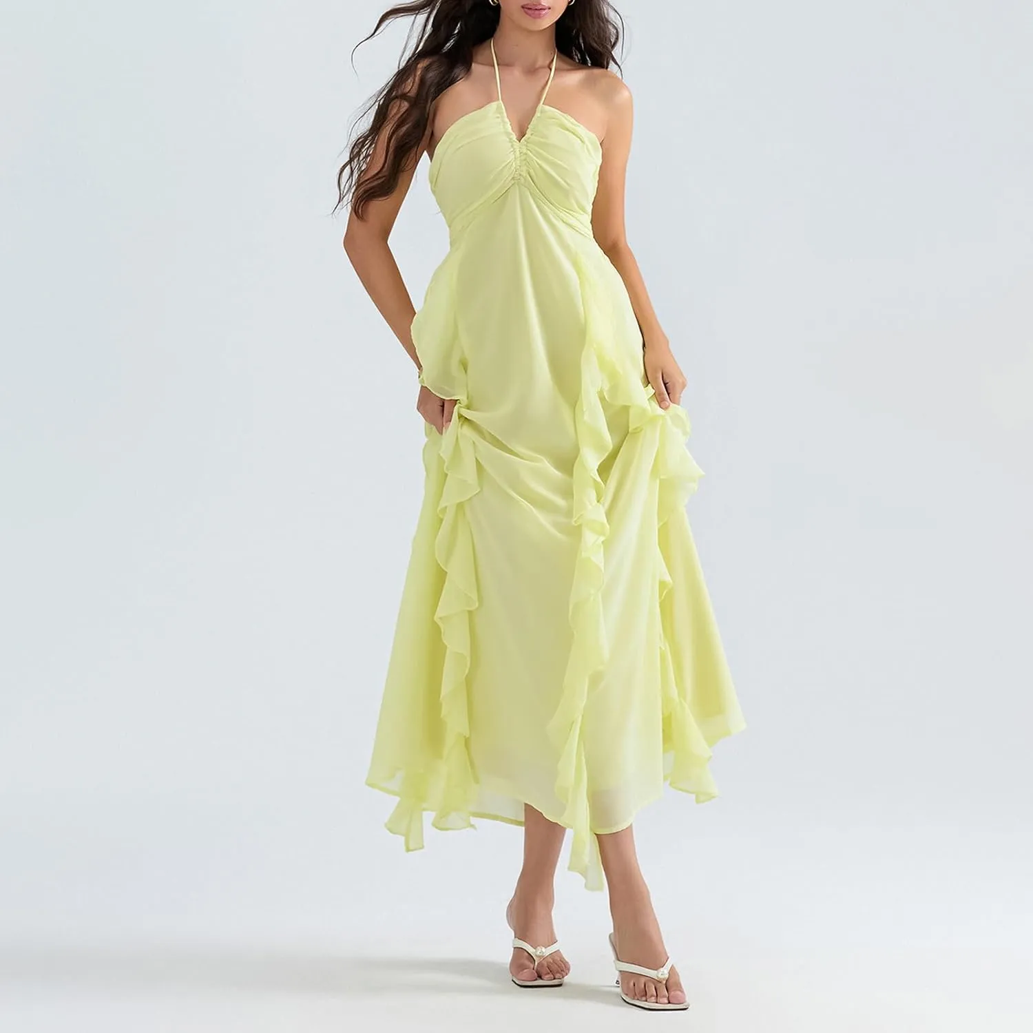 Women Halter Boho Maxi Dress Ruffle Floral Sleeveless Backless Vneck Spaghetti Strap Tie Back Flowy Long Sundress