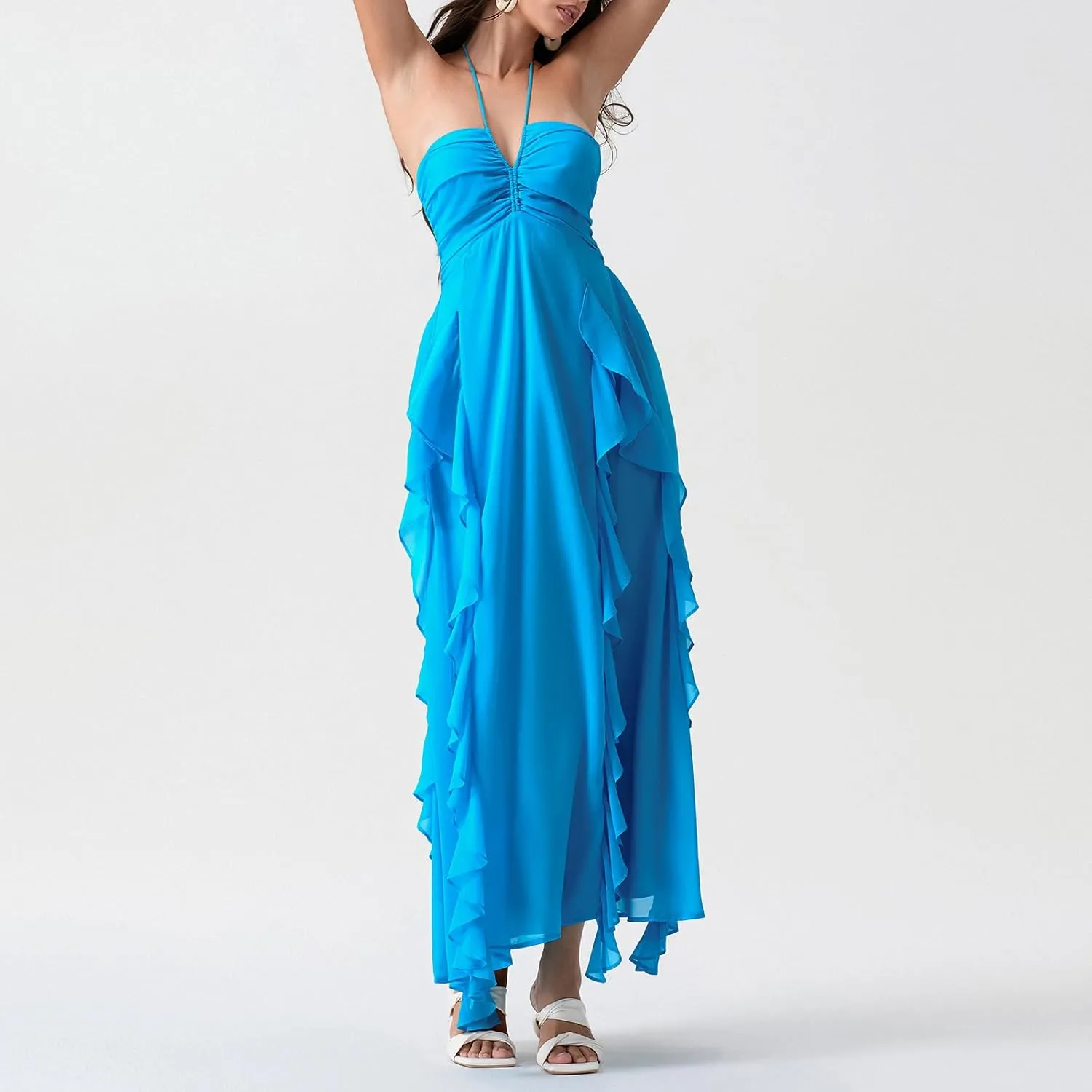 Women Halter Boho Maxi Dress Ruffle Floral Sleeveless Backless Vneck Spaghetti Strap Tie Back Flowy Long Sundress