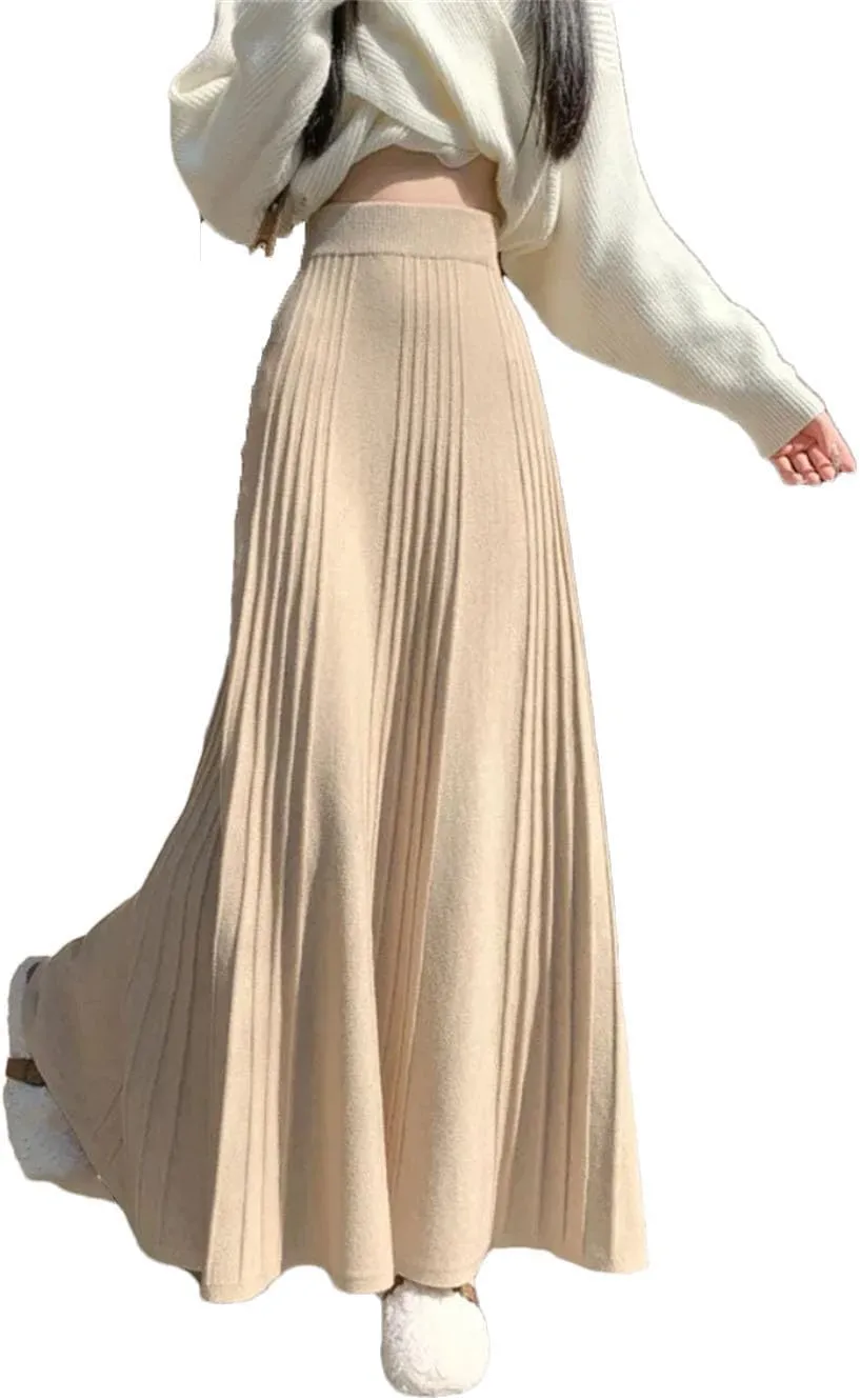 Women High-Waisted Long Skirt All-Match Knitted Long Pleated Skirt
