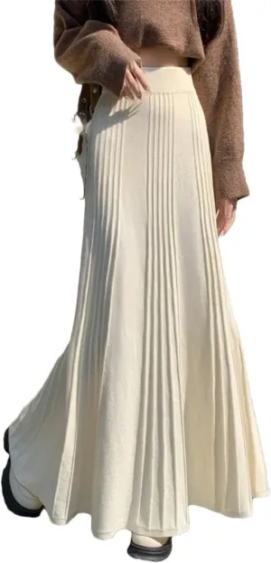 Women High-Waisted Long Skirt All-Match Knitted Long Pleated Skirt