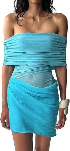 Women Off Shoulder Mini Dress Sheer Mesh Ruched Short Dress Sexy Y2k Dresses Beach Clubwear