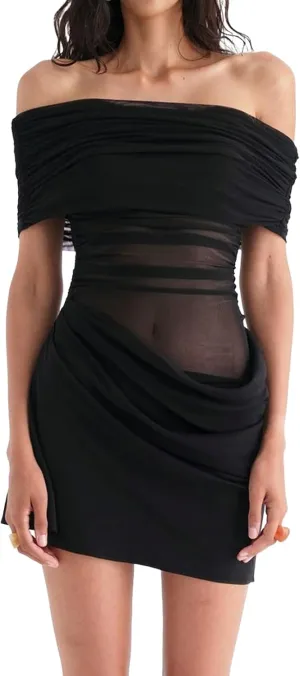 Women Off Shoulder Mini Dress Sheer Mesh Ruched Short Dress Sexy Y2k Dresses Beach Clubwear