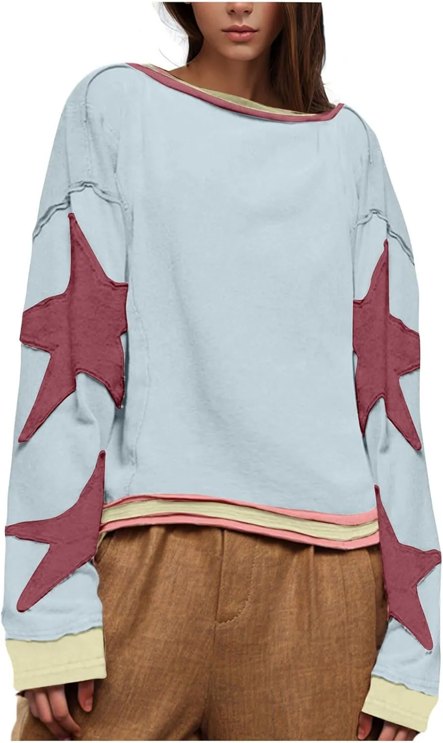 Women Oversize Sweatshirts Crewneck Long Sleeve Star Print Casual Loose Pullover Fall Fashion 2024 Clothes Tops