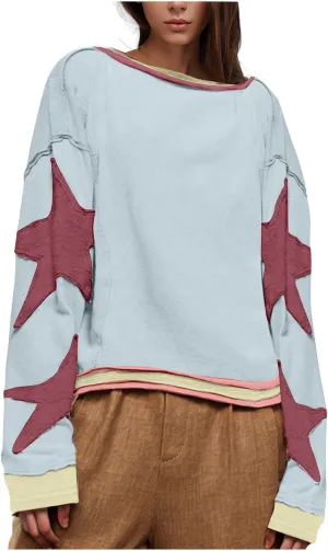 Women Oversize Sweatshirts Crewneck Long Sleeve Star Print Casual Loose Pullover Fall Fashion 2024 Clothes Tops