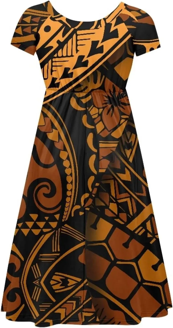 Women Summer Casual Boho Floral Puletasi Samoan Traditional Round Neck Short Sleeve Flowy Swing Midi Dress