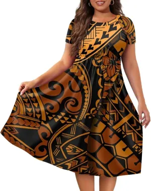 Women Summer Casual Boho Floral Puletasi Samoan Traditional Round Neck Short Sleeve Flowy Swing Midi Dress