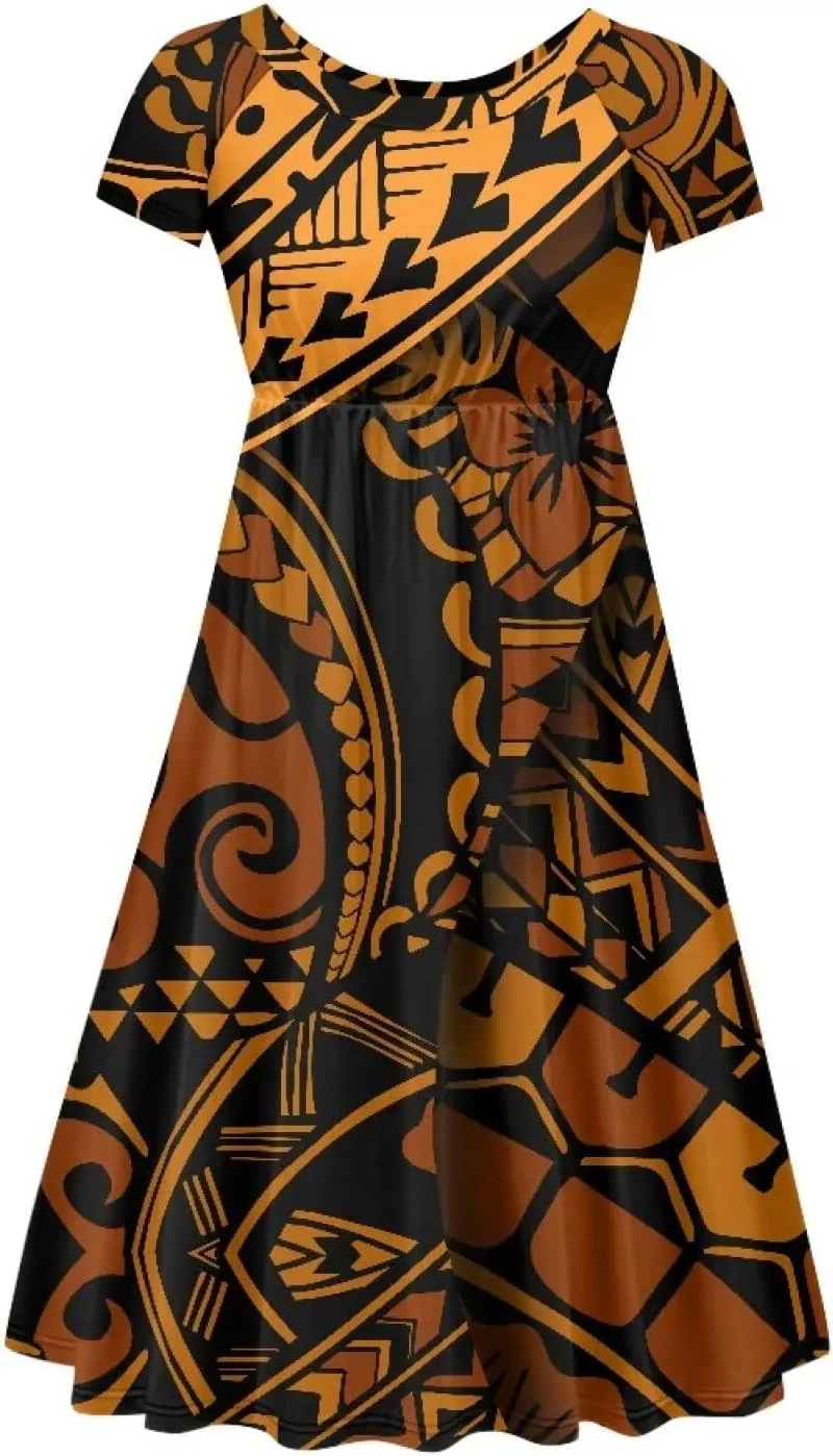 Women Summer Casual Boho Floral Puletasi Samoan Traditional Round Neck Short Sleeve Flowy Swing Midi Dress